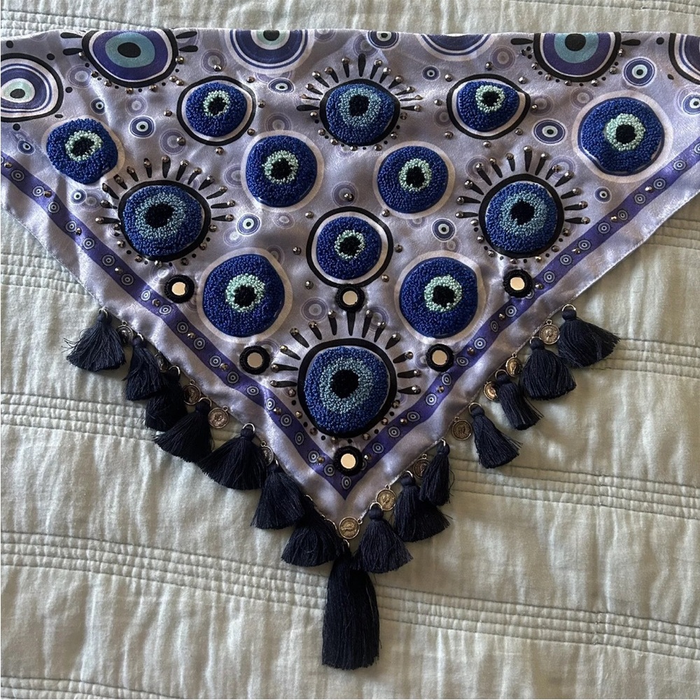 Embroidered Boho Western bandana -Colombian scarf lavender evil eyes blue - Picture 4 of 6